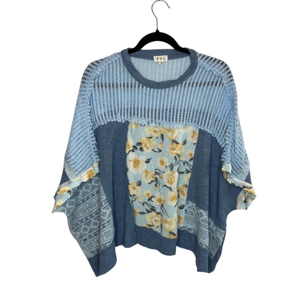 POL Blue Mixed Media Floral Crochet Lace Boho Oversized Top‎ YKT1355 Small NEW